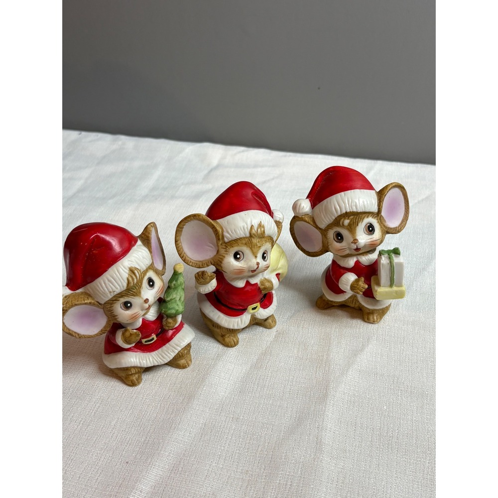 Vintage Style Christmas Mouse Figurines Set of 3 Santa Suit Ceramic Decor